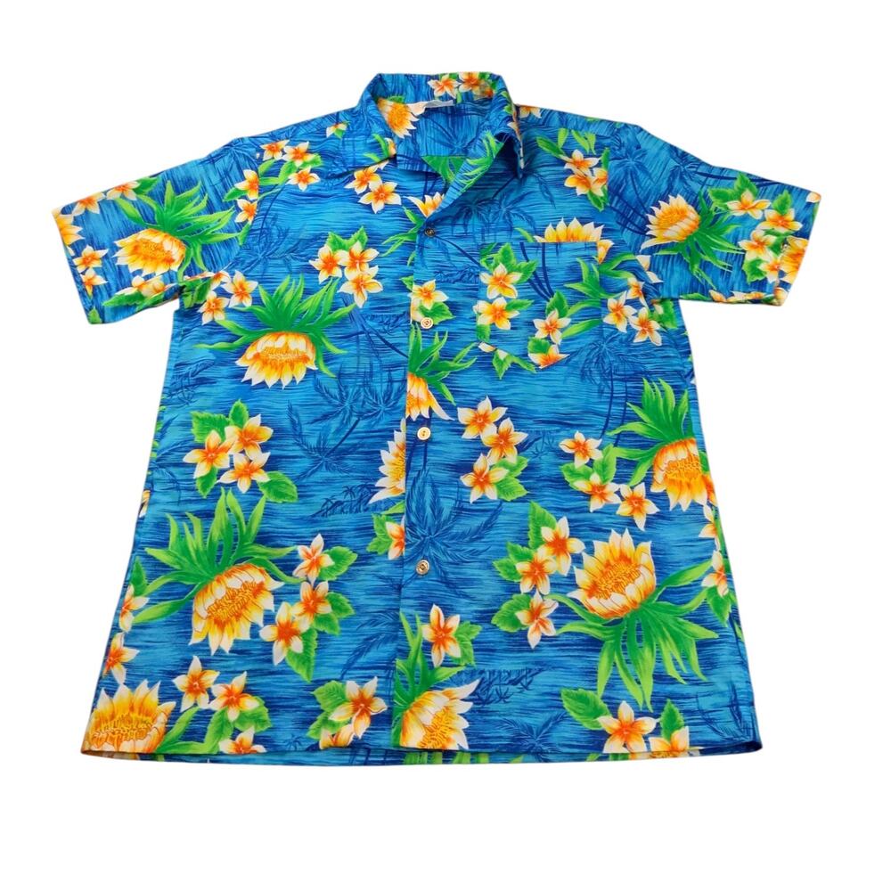 Vintage Hawaiian Aloha Shirt Blue Floral Tropical Button Front Men’s Medium USA